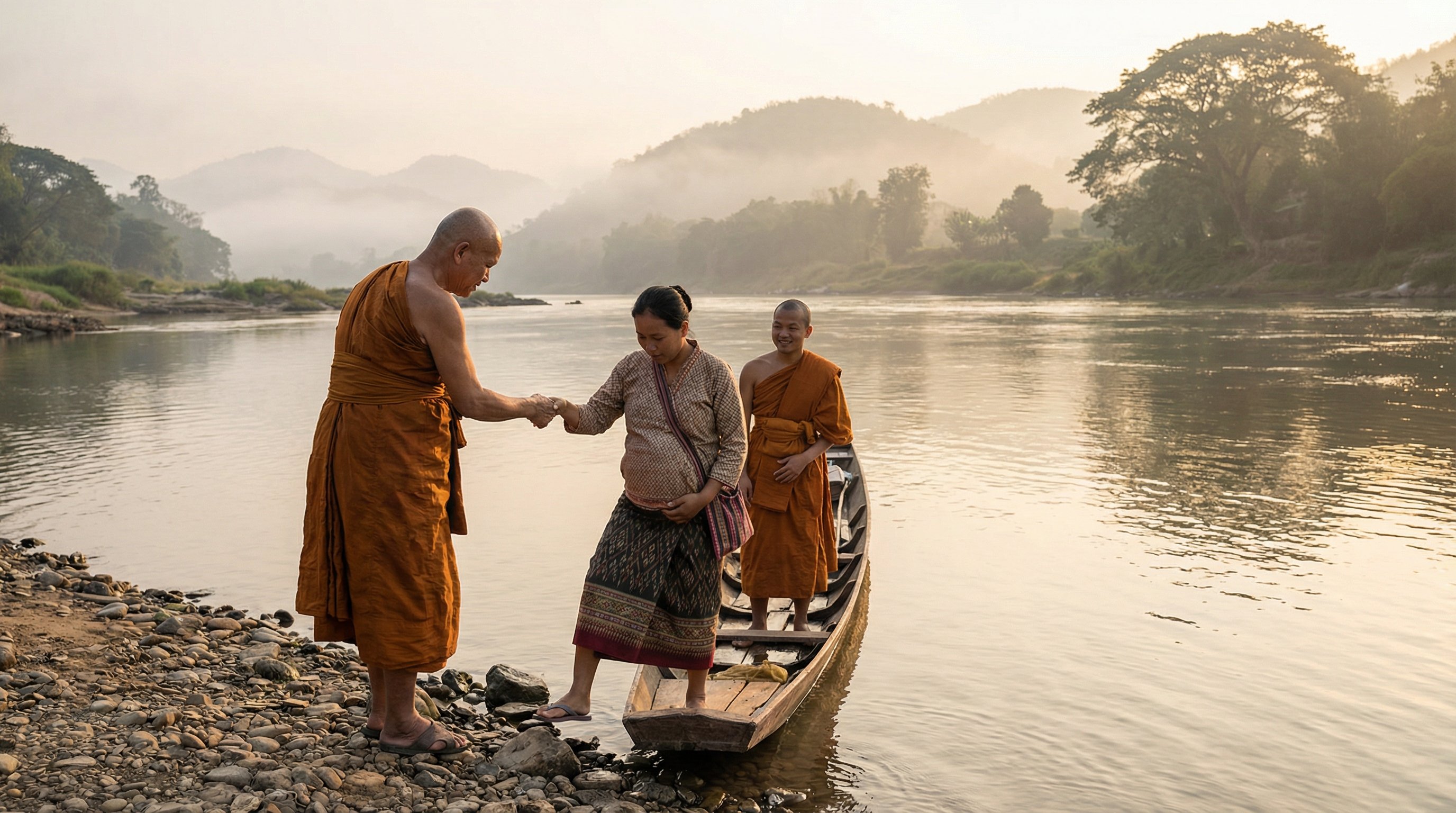 Two Buddhist monks in orange robes at riverbank, master monk helping pregnant woman cross river, peaceful river scene, compassionate action, traditional Asian landscape, soft morning light, spiritual teaching moment