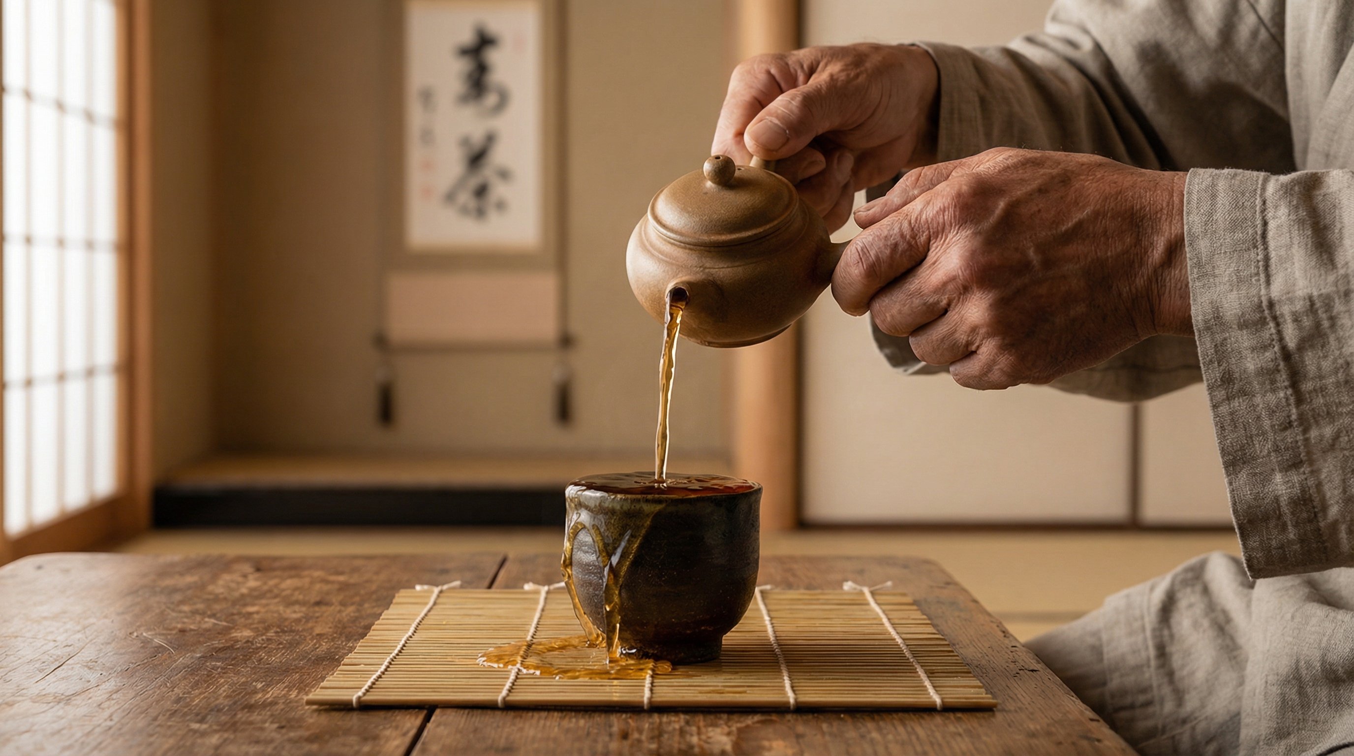 Tea cup overflowing with golden liquid, master's hands pouring tea continuously as it spills over, zen teaching moment, close-up shot, warm lighting, minimalist Japanese aesthetic, metaphor for full mind
