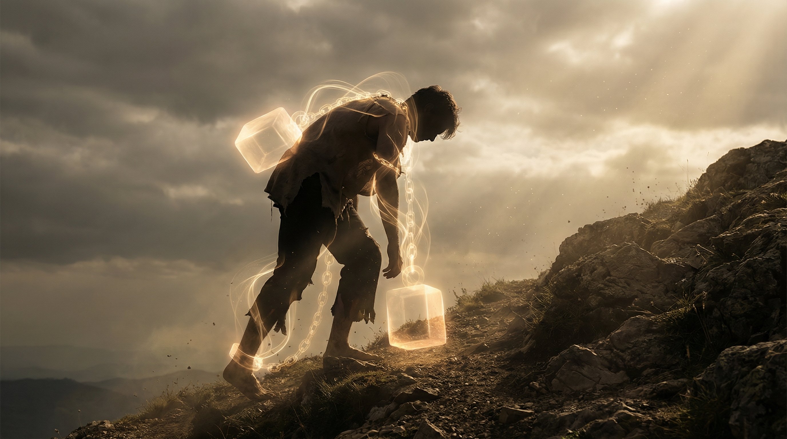 Person walking uphill carrying invisible heavy chains and weights made of translucent golden light representing mental burdens, emotional attachments, memories, struggling but weights are ethereal and unseen, metaphorical illustration, dramatic lighting