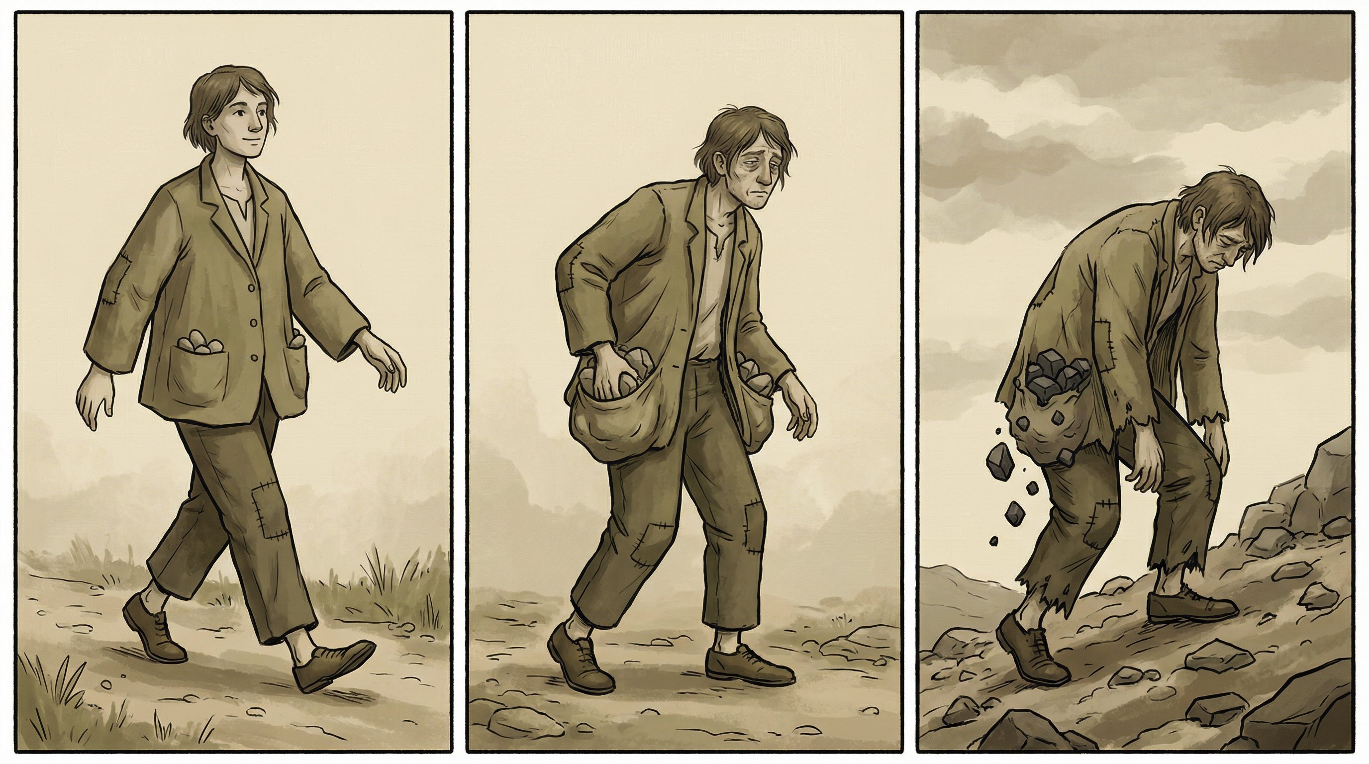 Person carrying growing pile of small stones in pockets, each stone representing attachment, gradually becoming heavier and more burdened, progression from light to heavy, symbolic journey illustration, muted earthy colors