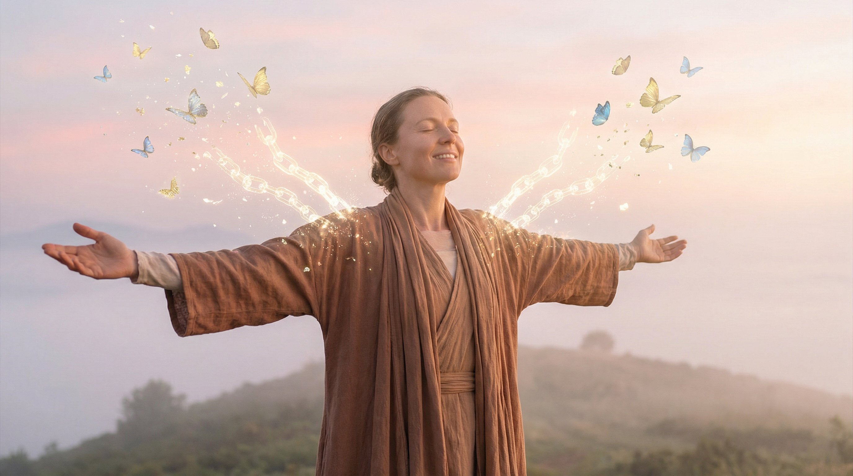 Person releasing glowing ethereal chains from their shoulders, chains dissolving into light particles and butterflies, expression of relief and liberation, peaceful transformation, soft dawn light, spiritual freedom visualization