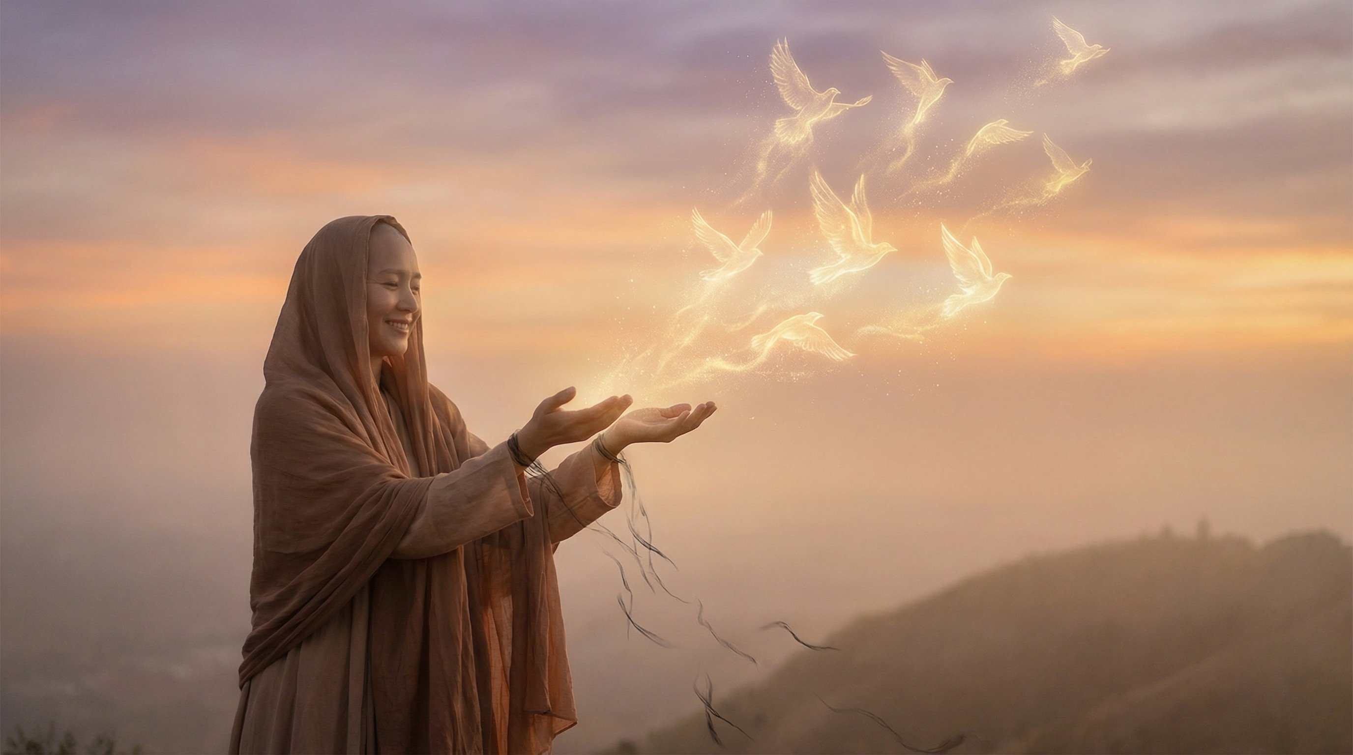 Person releasing luminous golden birds from open hands into sky, transformation of attachments into freedom, serene peaceful expression, sunset background, spiritual liberation, ethereal atmosphere, symbolic art