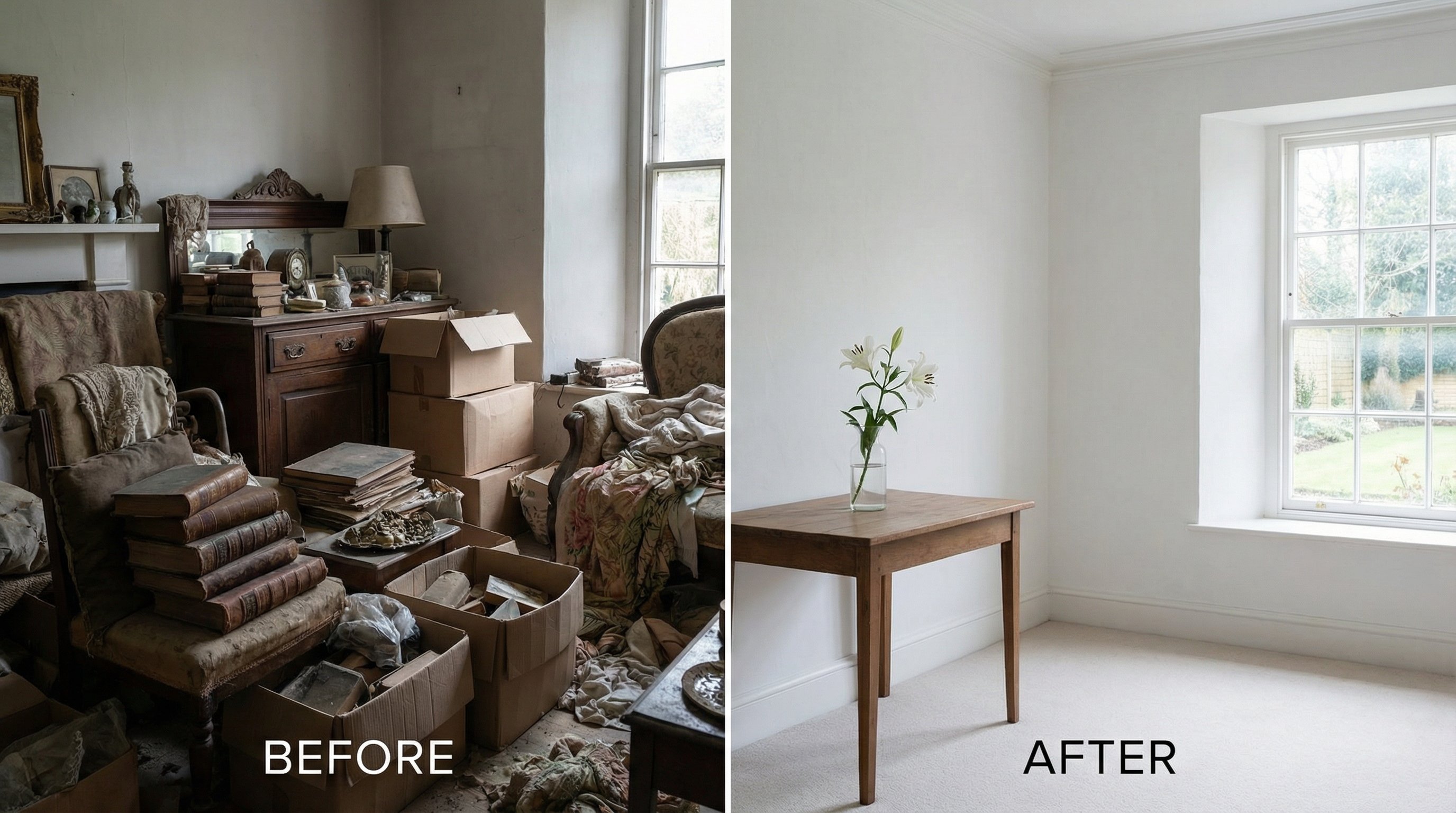 Cluttered room full of old dusty objects and memories vs empty serene minimalist room with single flower vase, before and after comparison, soft natural lighting, metaphor for mental clarity