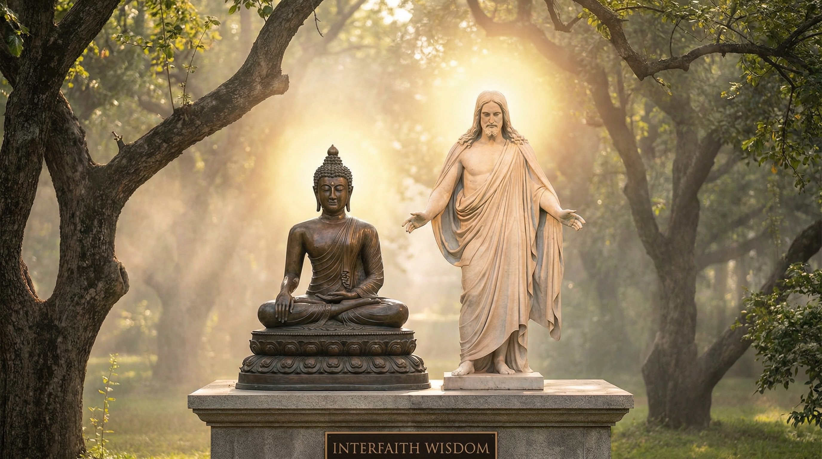 Buddha statue and Jesus figure with open welcoming hands, golden aura, peaceful expressions, spiritual teachers showing openness, soft divine light, interfaith wisdom, serene atmosphere