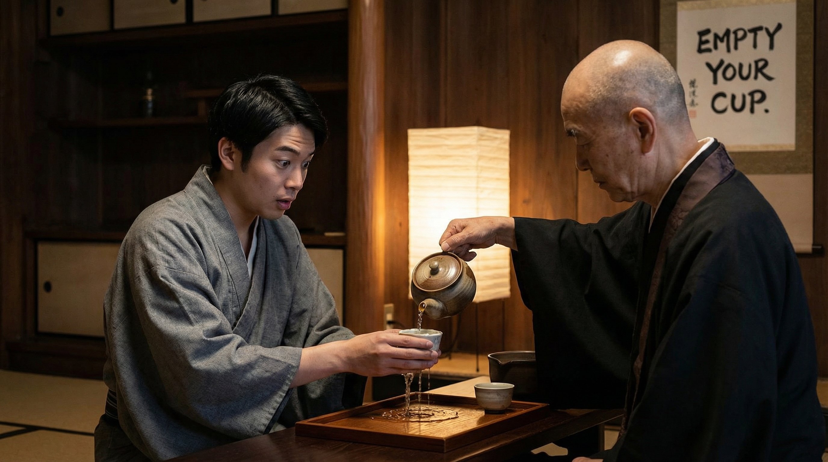 Master pouring tea into overflowing cup, student watching with realization, zen moment of teaching, traditional tea ceremony, warm intimate lighting, wisdom being shared, metaphorical illustration