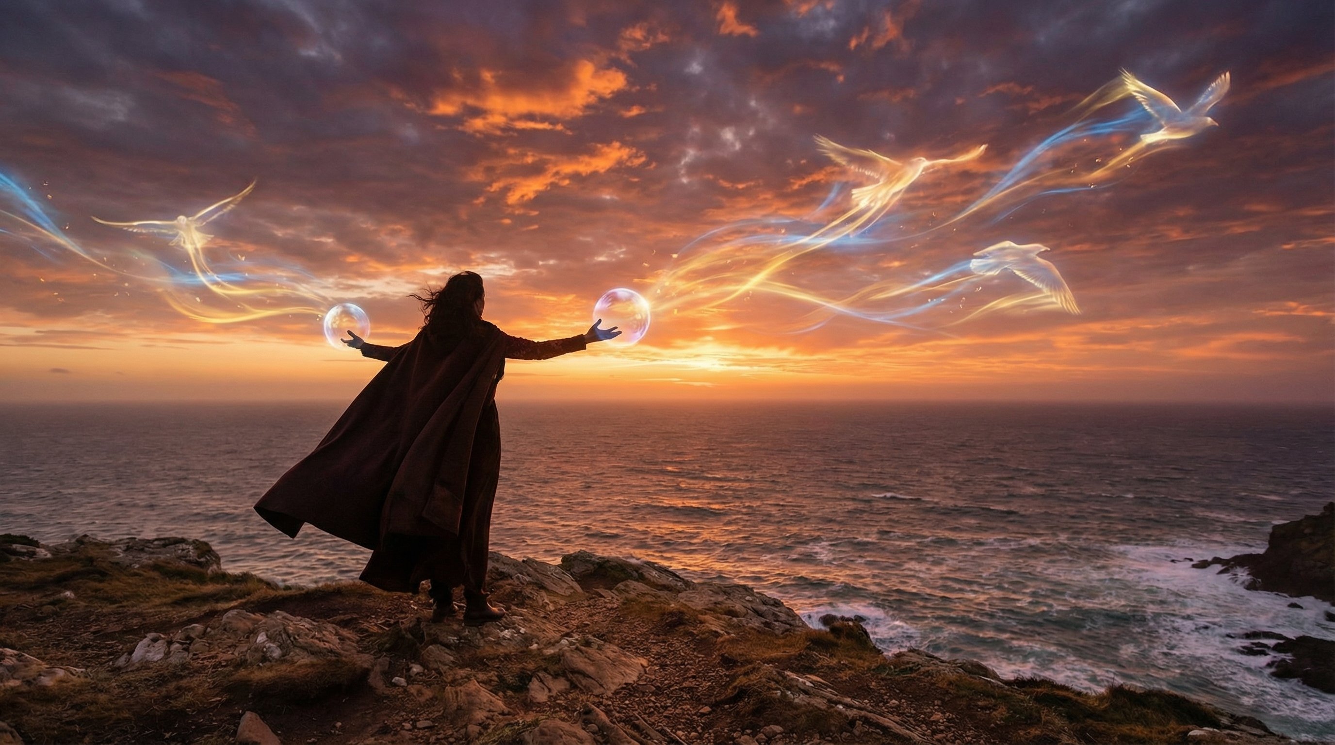 Person standing at edge of cliff releasing glowing objects into wind, each object transforming into light and flying away like birds, liberation and letting go, dramatic sunset, emotional release, spiritual freedom